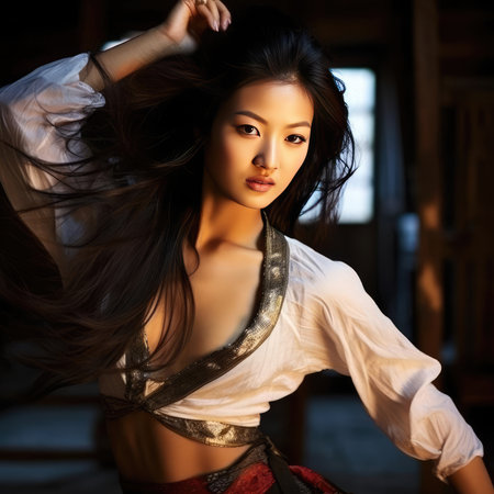 Asian girl dancing national dance in Asian clothesの素材