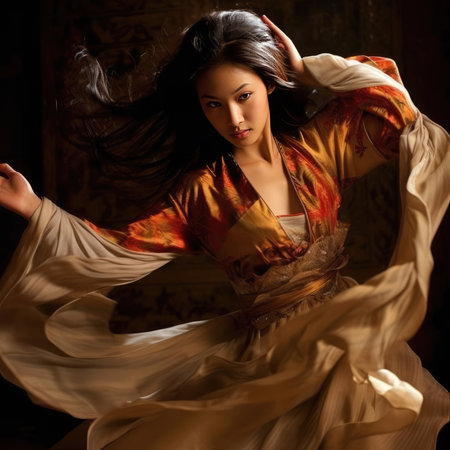 Asian girl dancing national dance in Asian clothesの素材