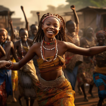 African girl dancing national dance in African clothesの素材