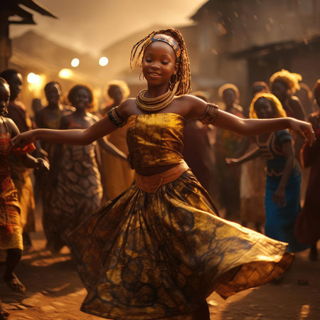 African girl dancing national dance in African clothesの素材