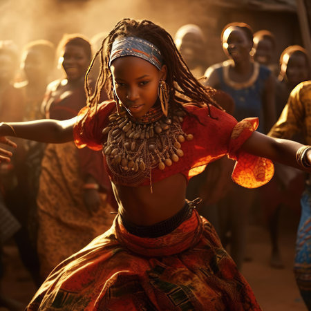 African girl dancing national dance in African clothesの素材