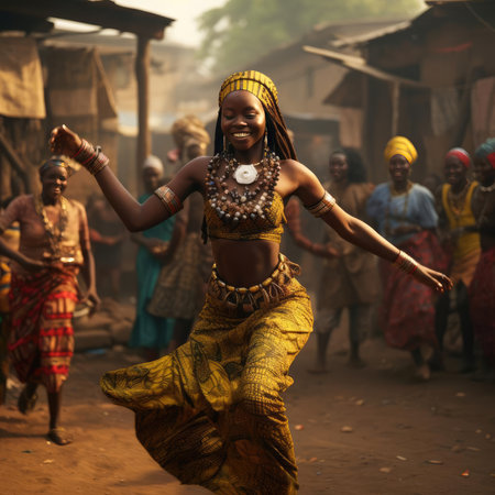 African girl dancing national dance in African clothesの素材