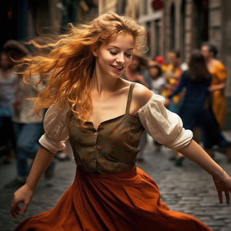 European girl dancing national dance in European clothesの素材