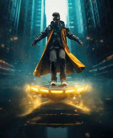 A man on a skateboard of the future fliesの素材