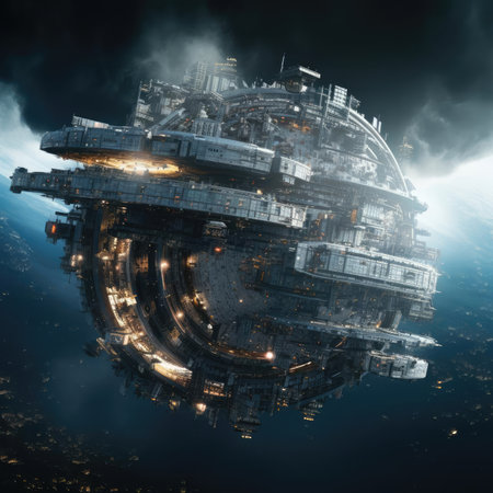 A large circular space station in spaceの素材