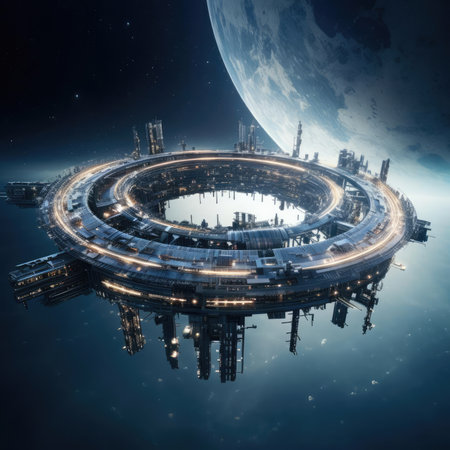 A large circular space station in spaceの素材