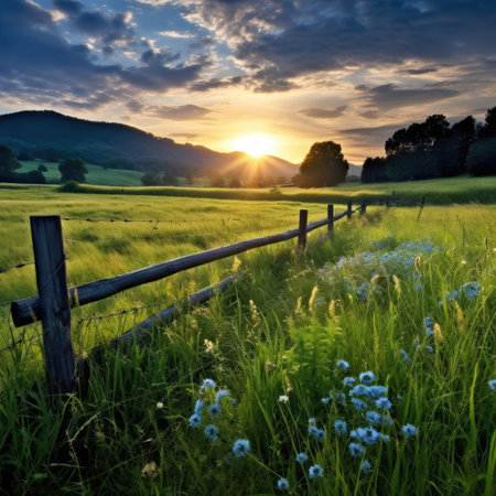 Sunrise against the backdrop of a field with grassの素材