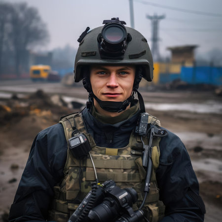 A war correspondent in a bulletproof vest and a helmetの素材