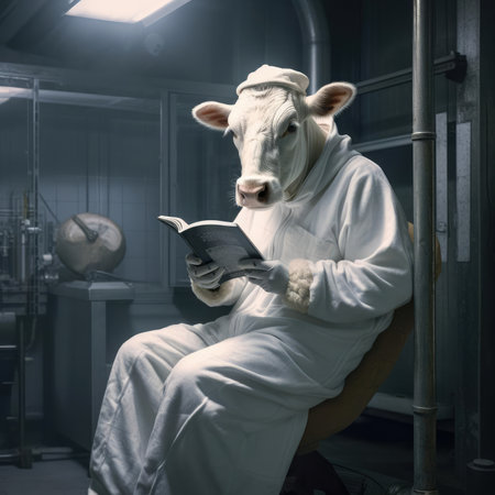 A man-cow works in a dairy factoryの素材