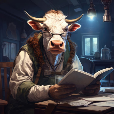 A man-cow works in a dairy factoryの素材