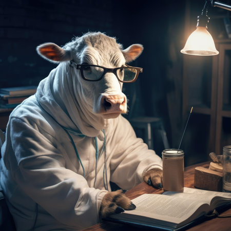 A man-cow works in a dairy factoryの素材