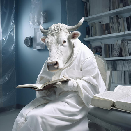 A man-cow works in a dairy factoryの素材