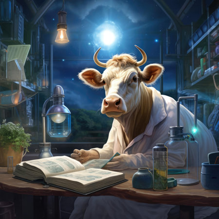 A man-cow works in a dairy factoryの素材