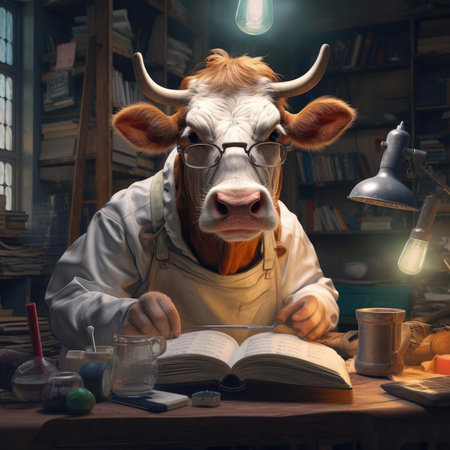 A man-cow works in a dairy factoryの素材