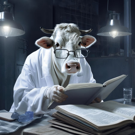 A man-cow works in a dairy factoryの素材