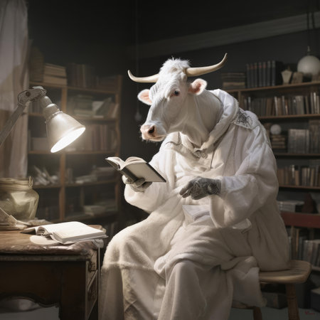 A man-cow works in a dairy factoryの素材
