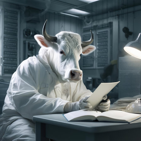 A man-cow works in a dairy factoryの素材