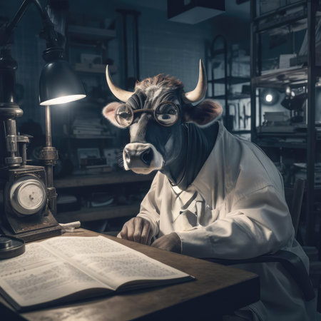 A man-cow works in a dairy factoryの素材