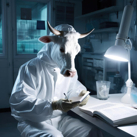 A man-cow works in a dairy factoryの素材