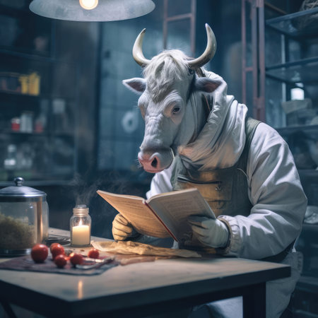 A man-cow works in a dairy factoryの素材
