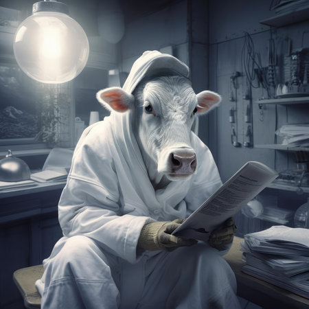 A man-cow works in a dairy factoryの素材