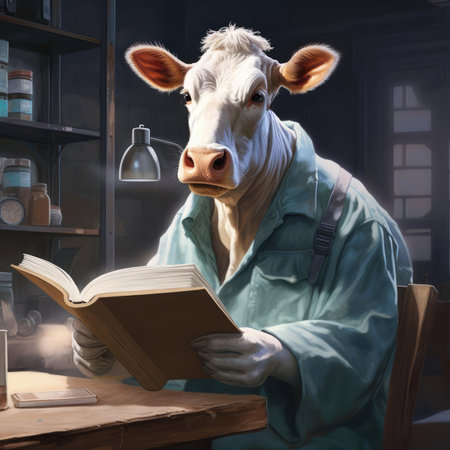 A man-cow works in a dairy factoryの素材