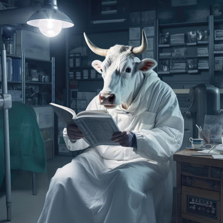 A man-cow works in a dairy factoryの素材