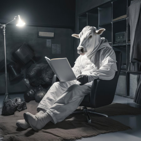 A man-cow works in a dairy factoryの素材