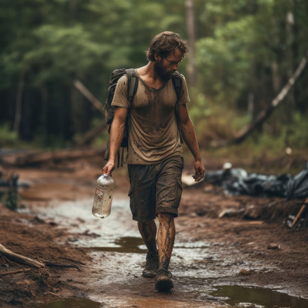 A man walks on a dirty, wet roadの素材