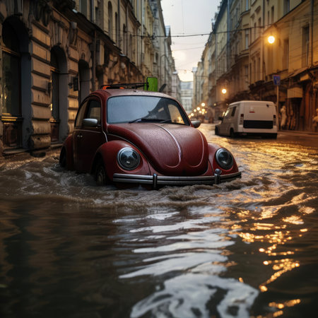 A car on a city street with a floodの素材