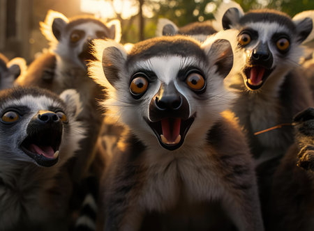 A group of lemurs look at the camera, up closeの素材