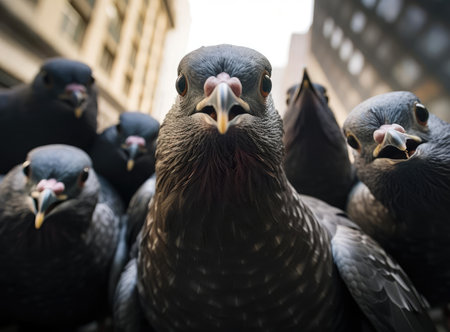 A group of pigeons looking at the camera, closeの素材