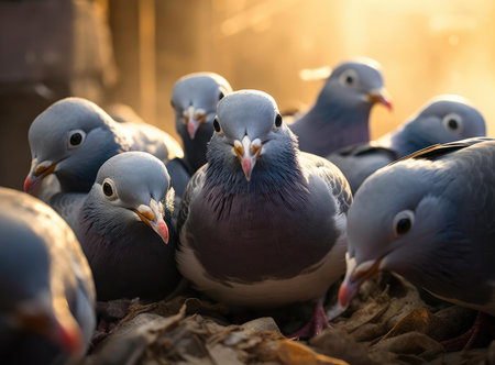 A group of pigeons looking at the camera, closeの素材