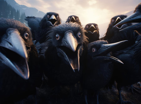 A group of joyful crows looking at the cameraの素材