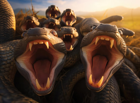 A group of cobra snakes looking at the cameraの素材