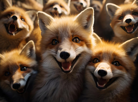 A group of joyful hit foxes looking at the cameraの素材