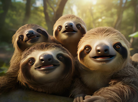 A group of sloths looking at the camera, up closeの素材