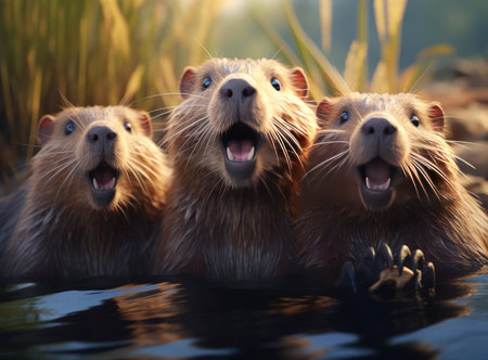 A group of beavers looking at the camera, joyful emotionsの素材