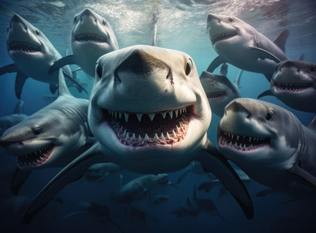 A group of sharks looking at the camera, up closeの素材
