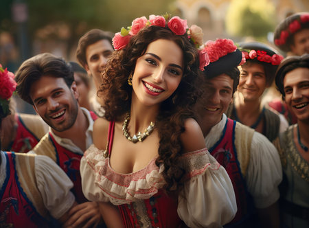 A group of Spaniards in national dress look at the cameraの素材