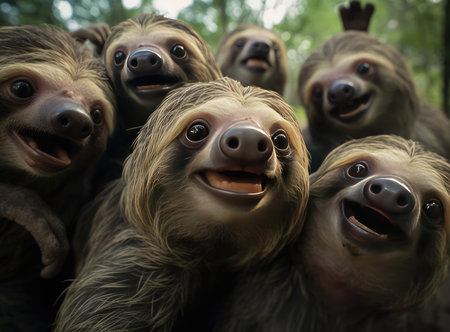 A group of sloths looking at the camera, up closeの素材