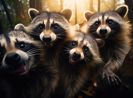 A group of raccoons looking at the camera, closeの素材