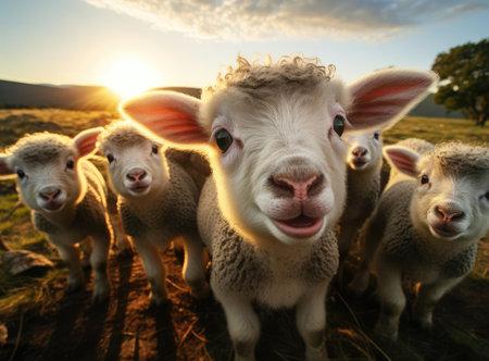 A group of young sheep looking at the camera, up closeの素材