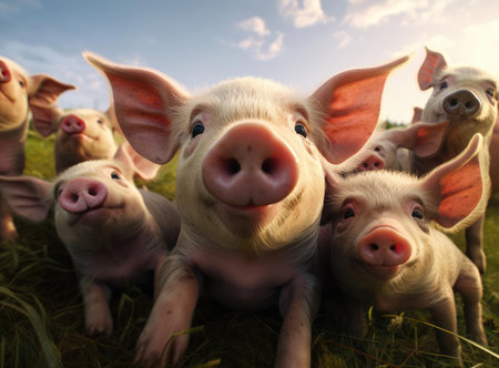 A group of piglets looking at the camera, up closeの素材