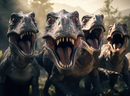 A group of tyrannosaurs look at the camera, up closeの素材