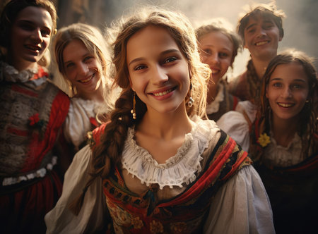 A group of Poles in national dress look at the cameraの素材