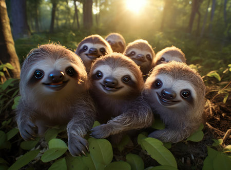 A group of sloths looking at the camera, up closeの素材