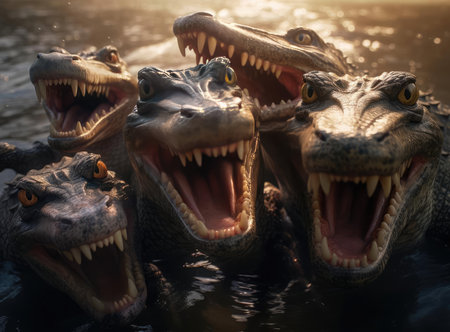 A group of crocodiles looking at the camera. Big teethの素材