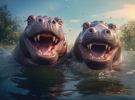 A group of hippos look at the camera, up closeの素材