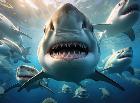 A group of sharks looking at the camera, up closeの素材